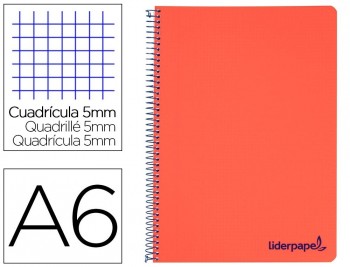 CUADERNO ESPIRAL LIDERPAPEL A6 MICRO WONDER TAPA PLASTICO 120H 90 GR CUADRO 5MM 4 BANDAS COLOR ROJO