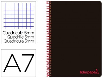 CUADERNO ESPIRAL LIDERPAPEL A7 MICRO WONDER TAPA PLASTICO 100H 90 GR CUADRO 5MM 4 BANDAS COLOR NEGRO