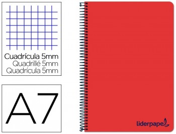 CUADERNO ESPIRAL LIDERPAPEL A7 MICRO WONDER TAPA PLASTICO 100H 90 GR CUADRO 5MM 4 BANDAS COLOR ROJO