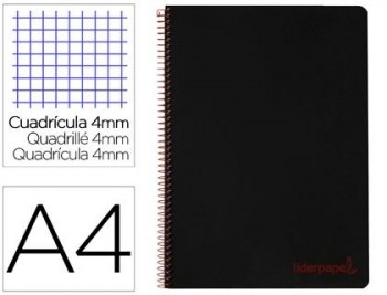 Cuaderno espiral liderpapel a4 wonder tapa plastico 80h 90gr cuadro 4mm con margen color negro