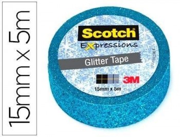 Cinta adhesiva scotch washi tapes purpurina azul 5 mt x 15 mm