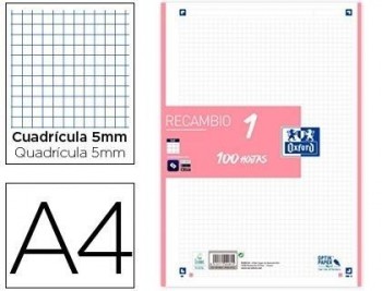 Recambio color oxford din a4 100 hojas 90 gr cuadro 5 mm 4 taladros rosa chicle