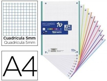 Recambio color oxford din a4 160 hojas 90 gr optik paper cuadro 5 mm 4 taladros banda 10 colores