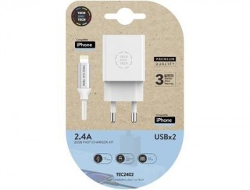 Cargador tech one tech 2.4 doble usb + cable braided nylon micro usb apple longitud 1 mt color blanc