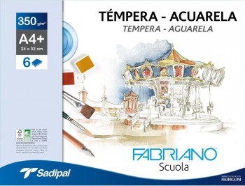 PAPEL DIBUJO SADIPAL FABRIANO TEMPERA / ACUARELA BLANCO DIN A4+ 350 GR SOBRE DE 6 HOJAS