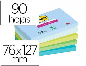 BLOC DE NOTAS ADHESIVAS QUITA Y PON POST-IT SUPER STICKY OASIS 90 HOJAS 100% PEFC PACK DE 5 UNIDADES