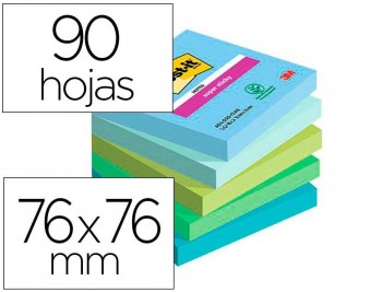 BLOC DE NOTAS ADHESIVAS QUITA Y PON POST-IT SUPER STICKY OASIS 90 HOJAS 100% PEFC PACK DE 5 UNIDADES