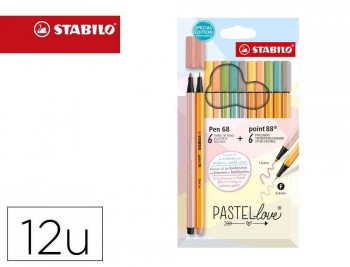 ROTULADOR STABILO PUNTA DE FIBRA POINT 88 + PEN 68 PASTEL LOVE ESTUCHE DE CARTON DE 12 COLORES SURTI