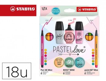 SET STABILO PASTEL LOVE MINI WORLD PEN 68 / POINT 88 / BOSS 18 UNIDADES SURTIDAS