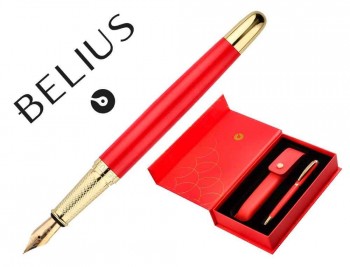 PLUMA Y ESTUCHE CUERO BELIUS PASSION DOR ALUMINIO TEXTURA CEPILLADA COLOR ROJO Y DORADO TINTA AZUL C