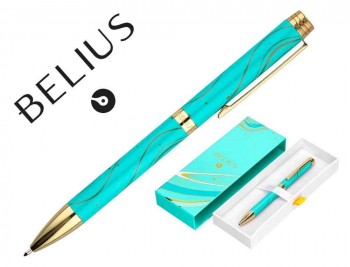 BOLIGRAFO BELIUS AQUA ALUMINIO COLOR TURQUESA Y DORADO TINTA AZUL CAJA DE DISEÑO