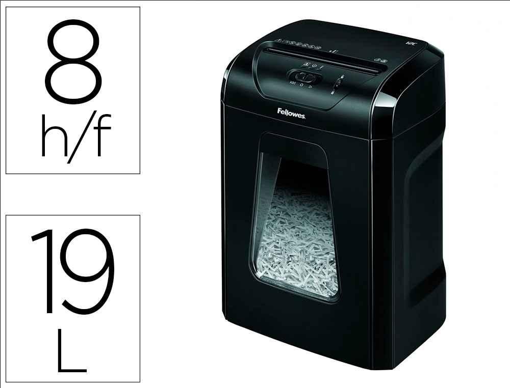 DESTRUCTORA DE DOCUMENTOS FELLOWES 12C CAPACIDAD 8H SEGURIDAD P4 GRAPAS CLIPS Y TARJETAS PAPELERA 19