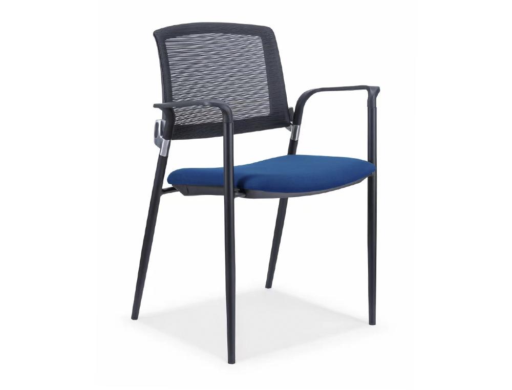 SILLA ROCADA CONFIDENTE BRAZOS FIJOS ESTRUCTURA METALICA ASIENTO TELA IGNIFUGA AZUL RESPALDO MALLA