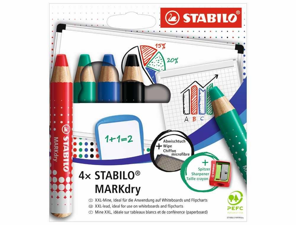 LAPIZ MARCADOR EN SECO STABILO MARKDRY PARA PIZARRA BLANCA ESTUCHE DE 4 UNIDADES COLORES SURTIDOS