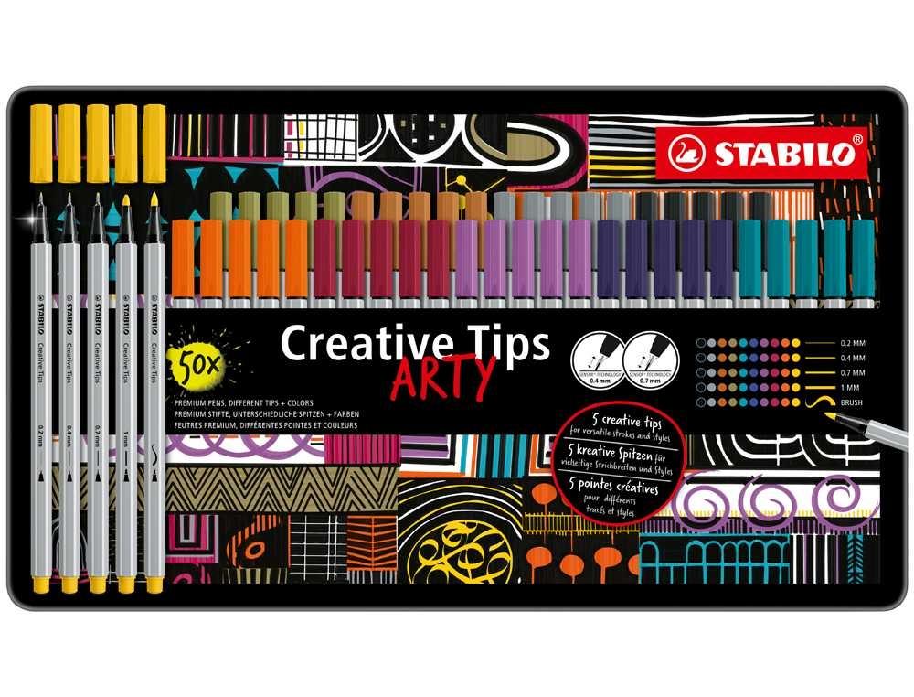 ROTULADOR STABILO CREATIVE TIPS ARTY LINE PASTEL 5 PUNTAS DIFERENTES POR COLOR ESTUCHE METALICO DE 3