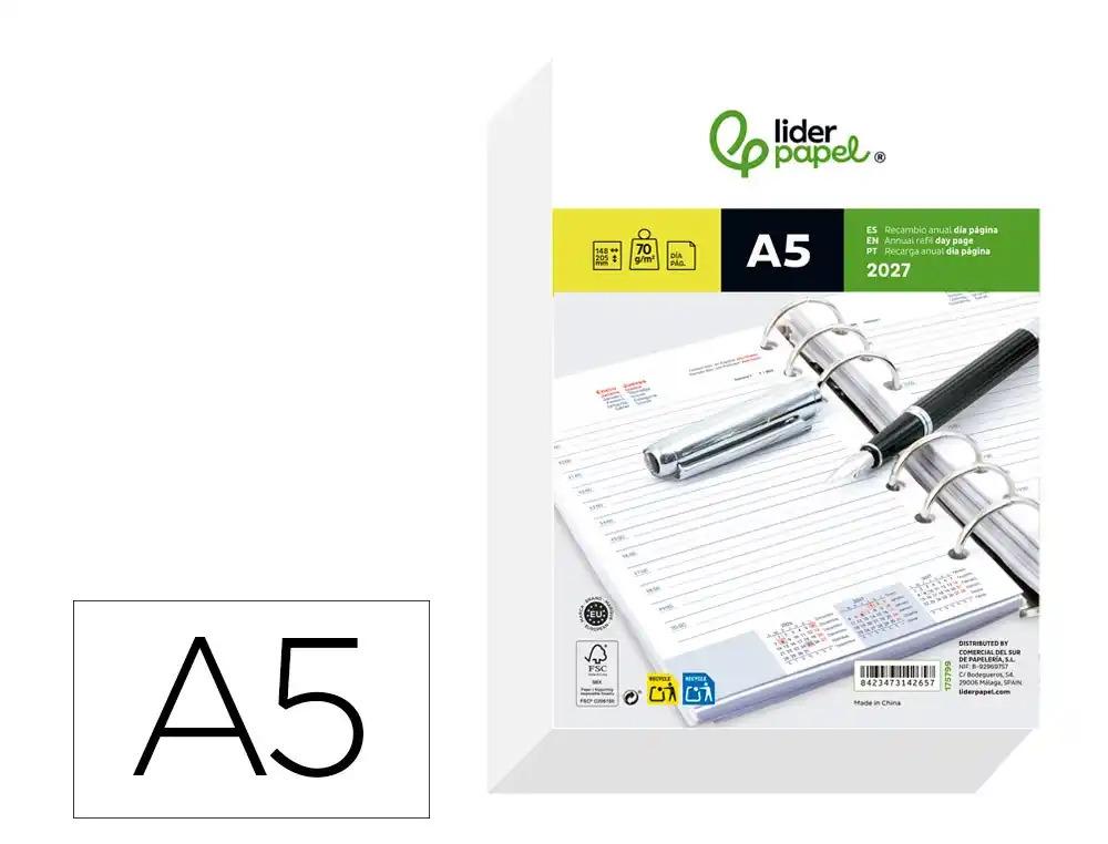 RECAMBIO AGENDA ANILLAS LIDERPAPEL 2027 DIN A5 148X205 MM DIA PAGINA BILINGUE 70 G PAPEL FSC
