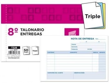 Talonario liderpapel entregas 8º original y 2 copias t328 apaisado