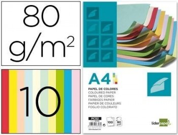 Papel color liderpapel 80g/m2 10 colores surtidos paquete de 100