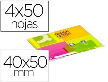 Bloc de notas adhesivas quita y pon q-connect 40x50 mm con 50 hojas fluorescentes pack de 4 unidades