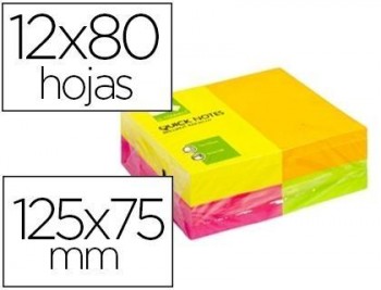 Bloc de notas adhesivas quita y pon q-connect 125x75 mm con 100hojas fluorescentes pack de 12 -surti