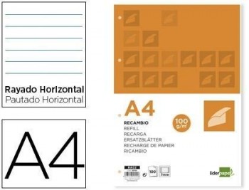 Recambio liderpapel a4 100 hojas 100g/m2 horizontal con ddoble margen 4 taladros