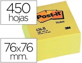 Bloc de notas adhesivas quita y pon post-it 76x76x45 mm cubo colores amarillo 450 hojas