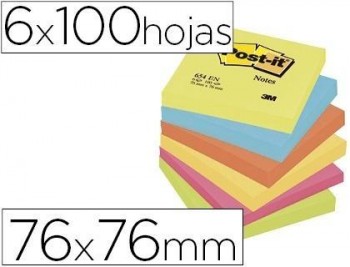 Bloc de notas adhesivas quita y pon post-it 76x76 mm neon pack de 6 blocs surtido