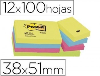 Bloc de notas adhesivas quita y pon post-it 38x51 mm neon pack de 12 blocs surtido