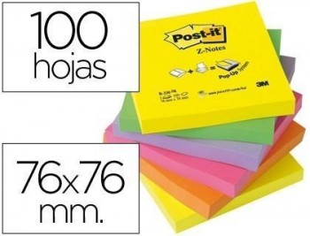 Bloc de notas adhesivas quita y pon post-it 76x76 mm z-notesultra intenso pack de 6 blocs surtido