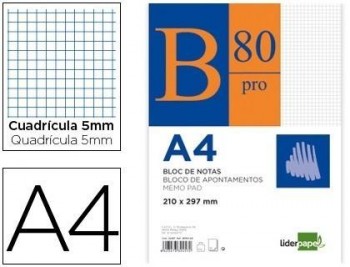 Bloc notas liderpapel cuadro 5mm a4 80 hojas 60g/m2 encolado