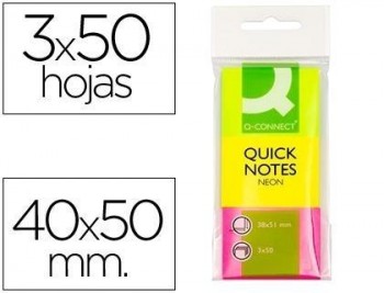 Bloc de notas adhesivas quita y pon q-connect 40x50 mm neon pack de 3 unidades con 50 hojas por colo