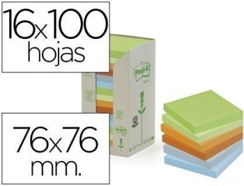 Bloc de notas adhesivas quita y pon post-it 76x76mm en torrerecicladas pack de 16 blocs 654 colores 