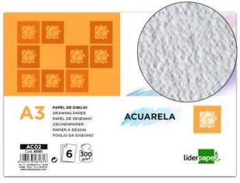 Papel dibujo liderpapel  300g/m2 acuarela pack de 6