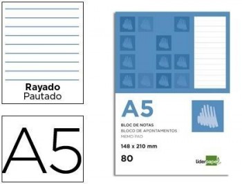 Bloc notas liderpapel horizontal a5 80 hojas 60g/m2 perforado