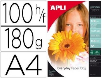 Papel fotografico apli glossy din a4 pack 100 hojas de 180 grs