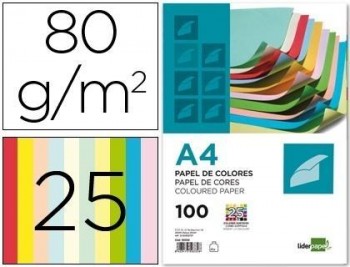 Papel color liderpapel a4 80g/m2 25 colores surtidos paquete de 100