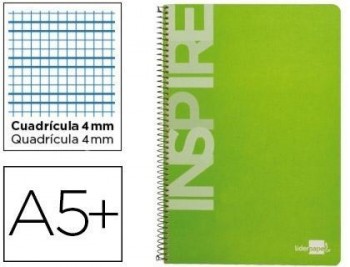 Cuaderno espiral liderpapel cuarto inspire tapa dura 80h 60 gr cuadro 4mm conmargen color verde clar