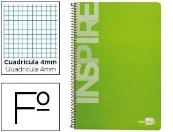 Cuaderno espiral liderpapel folio inspire tapa dura 80h 60 gr cuadro 4mm con margen color verde clar