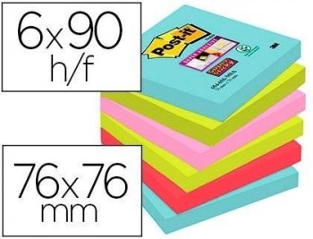 Bloc de notas adhesivas quita y pon post-it super sticky 76x76 mm con 90 hojas pack de 6 unidades co