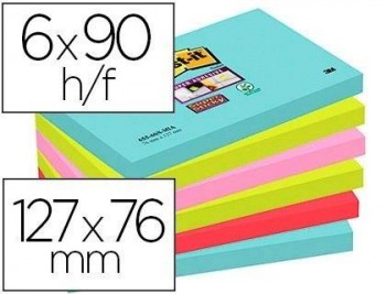 Bloc de notas adhesivas quita y pon post-it super sticky 76x127 mm con 90 hojas pack de 6 unidades c