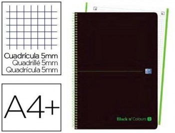 Cuaderno espiral oxford ebook 1 tapa plastico din a4+ 80 h cuadricula 5 mm black'n colors verde