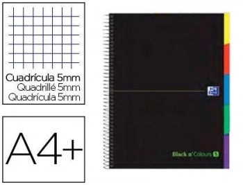 Cuaderno espiral oxford ebook 5 tapa extradura din a4+ 100 h con separadores cuadricula 5 mm black'n