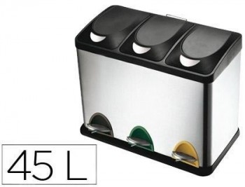 Papelera contenedor q-connect metalica con tapadera de plastico y pedal 3 depositos 45L