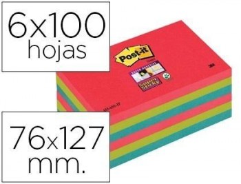 Bloc de notas adhesivas quita y pon post-it super sticky 76x127 mm con 6 bloc 2 rojo verde neon azul