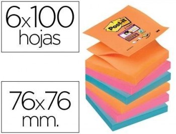 Bloc de notas adhesivas quita y pon post-it super sticky 76x76 mm zigzag con 6 bloc 2 rosa naranja n