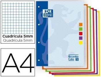 Recambio color oxford din a4 80 hojas 90 gr optik paper cuadros 5mm 4 taladros