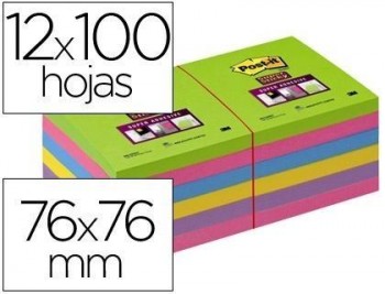 Bloc de notas adhesivas quita y pon post-it super stick ultra 76x76 mm pack de 12 bloc verde rosa am