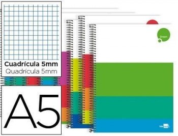 Cuaderno espiral liderpapel a5 micro dream tapa dura 140h 80 gr cuadro 5mm 5 bandas 6 taladros color