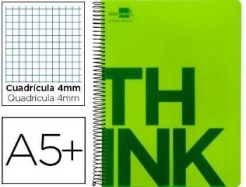 Cuaderno espiral liderpapel cuarto think tapa plastico 80h 80 gr cuadro 4mm con margen color verde