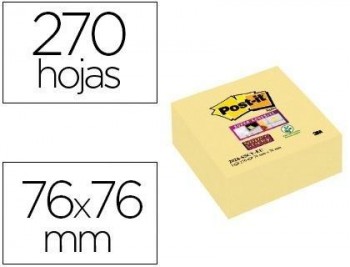 Bloc de notas adhesivas quita y pon post-it super sticky 76x76 mm cubo con 270 hojas amarillo canari